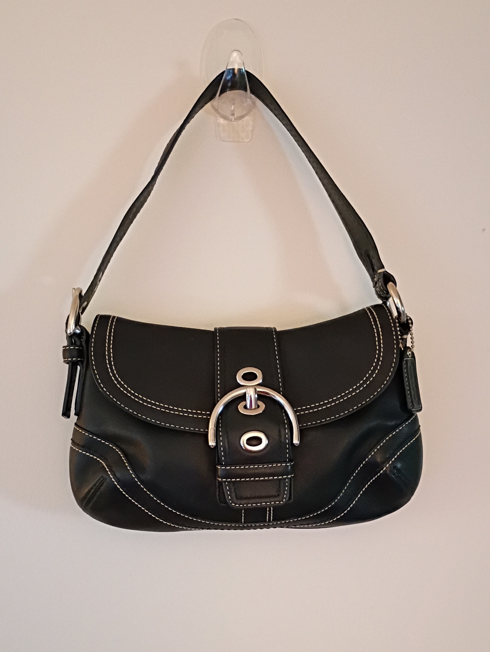 Coach Soho Black Leather Shoulder Bag with Silver Buckle